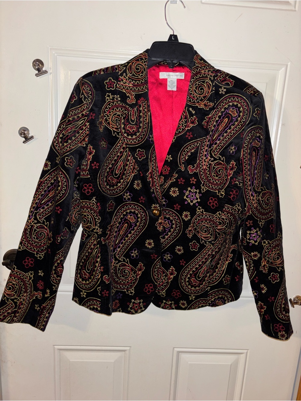Marisa Christina Black Velvet Paisley Blazer with Red Lining